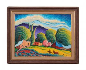 Oil on canvas by Kim Douglas (K.D.) Wiggins (N.M., b. 1960), a 1991 landscape work titled The Scarecrow, signed and dated, 30 inches by 40 inches (canvas, less frame) (est. $12,000-$24,000).
