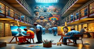 The image depicts a prison setting where several inmates are engaged in creating art. The scene takes place in a large, multi-level cellblock, with rows of cells visible on both sides. In the foreground, two inmates are seated at easels, painting vibrant