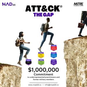 The image features a promotional graphic for the "ATT&CK The Gap" campaign by MAD20 and MITRE. The campaign highlights a $1,000,000 commitment to support underrepresented practitioners and former military members. The image shows three individuals, each a