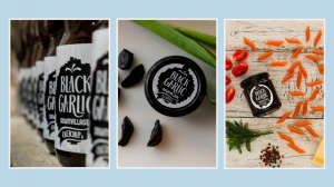 Three images, packaging and uses of Black Garlic in recipes.