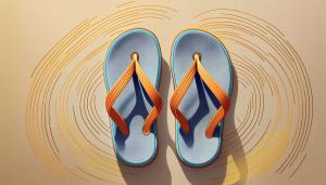 summer footwear illustration of a pair of light blue flip flops with orange straps on a tan background with yellow and brown semicircular lines