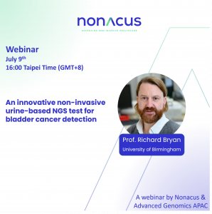 "Webinar announcement featuring Prof. Richard Bryan from the University of Birmingham. The event on July 9th will discuss an innovative non-invasive urine-based NGS test for bladder cancer detection."