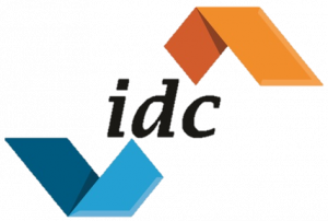 IDC logo mark consists of the letters IDC in a geometrical ribbon in shares of blues and oranges