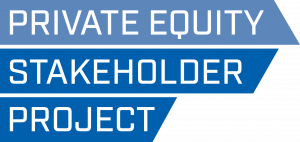 Logo of Private Equity Stakeholder Project, white letters on horizontal blue bars