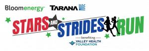 A logo that states Stars and Strides Run Benefiting Valley Health Foundation that is red, blue, and green