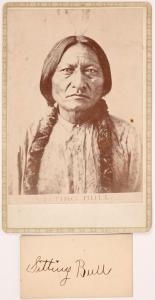 Cabinet card with a photo of a senior Chief Sitting Bull, the image crisp with good contrast, the back of the card reading, “compliments of Mary Moore”, possibly the famous actress ($3,250).