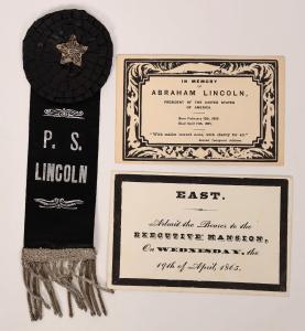 Items from the days of mourning following Lincoln’s assassination, including a black mourning ribbon with “P.S. Lincoln” stamped in silver, and a White House pass to the funeral ($4,500).