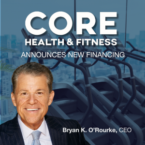 The image shows a promotional graphic for Core Health & Fitness, announcing new financing. The background features gym equipment, specifically treadmills, with a cityscape visible through a window. The text on the image reads "CORE Health & Fitness Announ