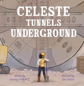 Image of Celeste, a young civil engineer, standing in front of a tunnel boring machine with a shovel.