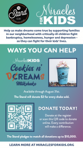 Image of the Cookies n' Dreams Milshake and information on the partnership with Miracles for Kids and a QR code to donate today