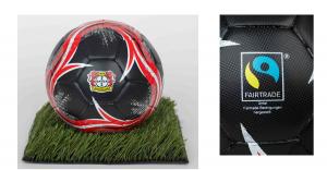 Bayer04 Leverkusen's official Fairtrade-certified football, showcasing the club's commitment to sustainability and ethical standards, with the club's logo and Fairtrade certification emblem prominently displayed.