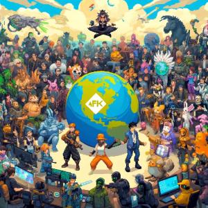 Dozens of pixel art characters play in a digital naturescape surrounding a pixel art globe that bears the AFK logo, depicting the collaborative world of AFK.