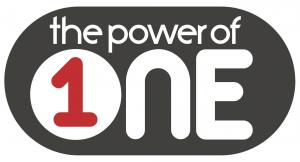 Black and white logo with bold lettering The Power of ONE, with a red 1 inside the O.