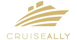 This is the CruiseAlly logo in gold.  It is a stylized cruise ship built in stacked stripes conveying a sailing motion from left to right across the screen.