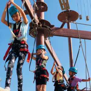 A group of children doing the ropes course at Circuit X
