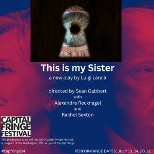 Promotional poster for the play “This is my sister” with a dark blue textured background and red accents. The central visual is an eye peering through a keyhole, hinting at mystery or surveillance. The poster includes the play’s title, author Luigi Laria,