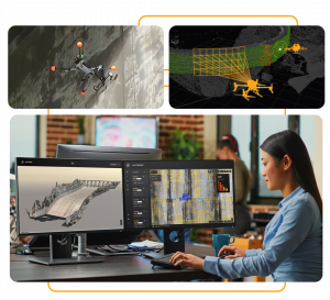 A woman sits at a computer analyzing aerial images and 3D models on dual monitors. Above, two smaller images show drones in flight and data visualization screens.