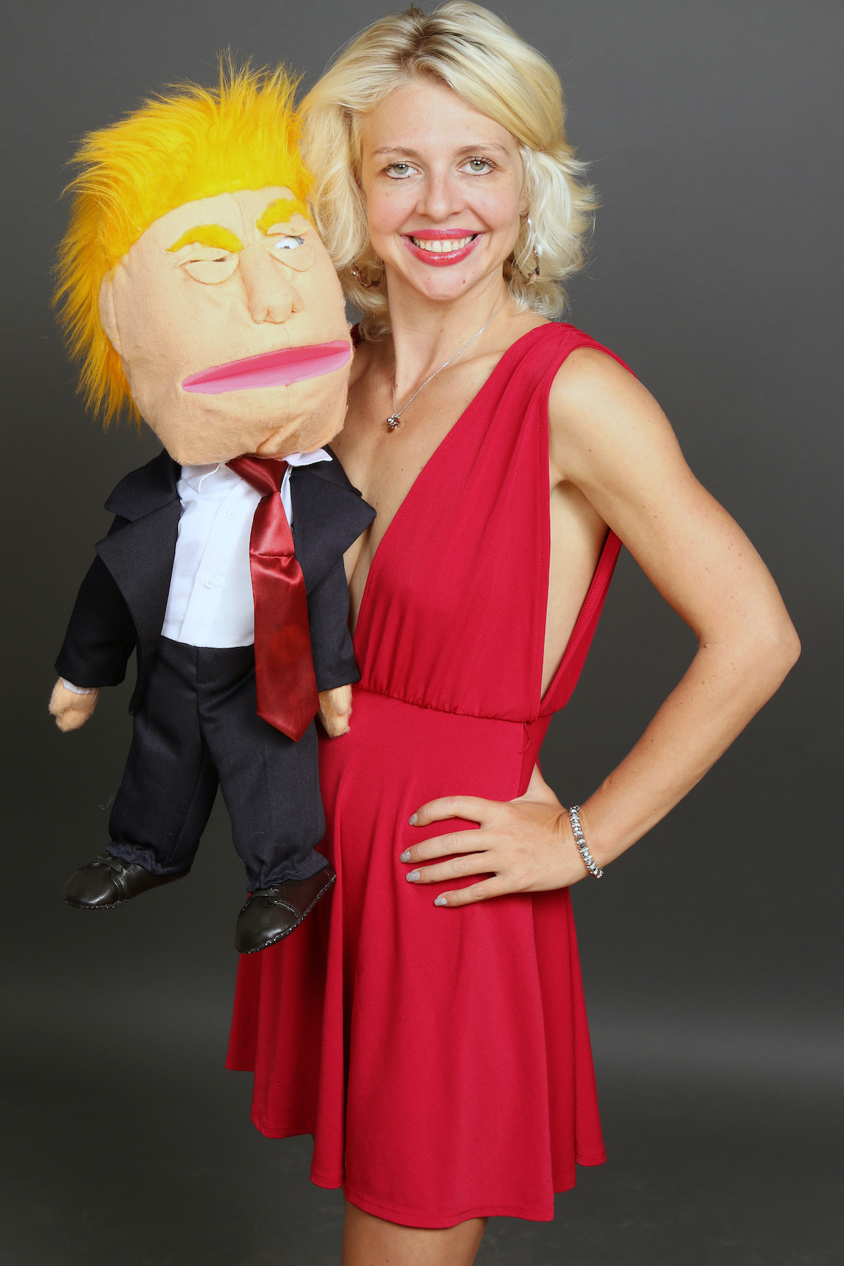 Presidential dummy Donald J. Tramp and TV ventriloquist April Brucker