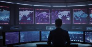 A man analyzing data on multiple screens in a futuristic control room, representing the digital battleground of the 2024 U.S. election, with glowing displays of data analytics, social media feeds, and campaign ads.