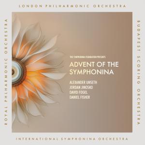 A blossoming flower surrounded by the names of London Philharmonic Orchestra, Royal Philharmonic Orchestra, Budapest Scoring Orchestra, and the International Symphonina Orchestra, along with the composer names Alexander Unseth, Jordan Jinosko, David Fogel