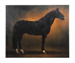 Oil on canvas painting by James McLaughlin Way (Ga., 1968-2014), titled Black Horse #2, signed upper left, impressive at 60 ¼ inches by 72 ¼ inches, overall, in the frame ($15,730).