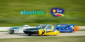 Three solar Cars on a racetrack with blurred background and two logos