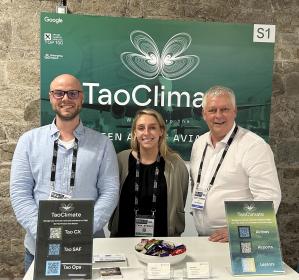 Tao Climate team at Future Travel Experience EMEA, Dublin 2024. L to R: Felix Roick, COO; Tara Byrnes, CMO; Gary Byrnes, CEO.