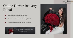 An image showing points about flower delivery in Dubai with points that talk about why UAE Flowers is one of the best options. It has an image of a woman holding a bouquet of 100 red roses on the right and points on the left.