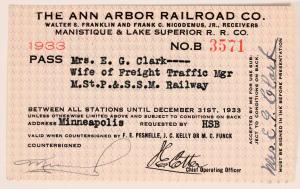 1933 Ann Arbor (Mich.) Railroad pass, issued to Mrs. E. G. Clark, “Wife of Freight Traffic Mgr.” (est. $100-$200).