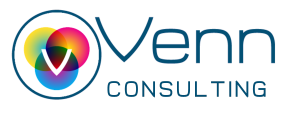 A large circle encompassing a 3 circle Venn diagram with a V in the center. To the right of the circle are the words Venn Consulting.