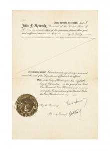 One-page pardon, signed by John F. Kennedy (as President) and Robert F. Kennedy (as Attorney General), dated Nov. 8, 1963, just days before JFK’s assassination (est. $8,000-$12,000).
