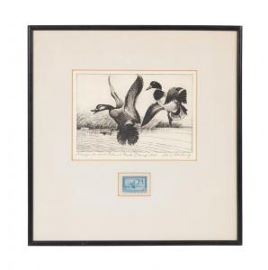 A collection of Duck Stamp prints includes this 1934 Federal drypoint etching on paper, pencil signed by Ding Darling (American, 1876-1962), titled and dated, with duck stamp #rwl (est. $4,000-$6,000).