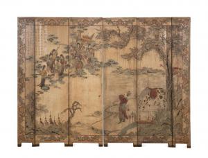 Chinese pre-1924 cream lacquer six-panel Coromandel screen depicting Xiwangmu, Queen Mother of the West, with dedication and two seals, 93 inches tall by 121 inches wide (est. $2,000-$4,000).