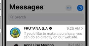 FRUTANA S.A. purchase notification seen in the Messages app on a smartphone screen.