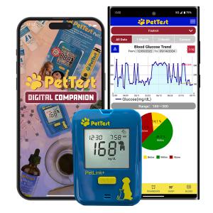 The NEW PetLink+ Meter in front of the feature-packed PetTest Digital Companion App, free on Google Play and the App Store.