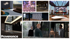 Collage of virtual event spaces and avatars in Provenonce Summits, displaying immersive environments such as conference rooms, outdoor areas, and interactive stages with people engaging in various activities.