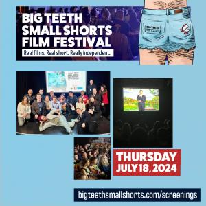 Audience members and filmmakers watching short films on a large screen, ticket URL, Big Teeth Small Shorts Logo