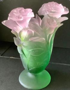 Signed Daum (France) crystal art glass bouquet of roses, just over 7 inches tall, with no cracks or repairs and signed “Daum France” on the bottom (est. $900-$1,500).