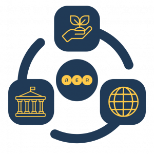 Logo featuring the AER Worldwide emblem centered, designed in navy blue and gold colors. Surrounding the AER logo are symbols representing Environmental, Social, and Governance principles, reflecting the company's commitment to ESG standards.