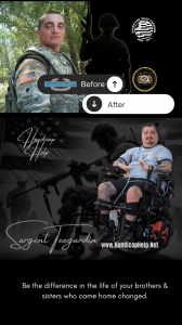 A before and after photo of Sgt Teegardin, showing him in the military and later in his wheelchair