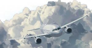 An illustration of a commercial airliner flying through dense clouds, representing the aviation industry's transition to Sustainable Aviation Fuels (SAFs).