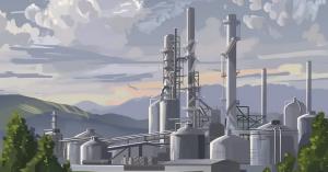 An illustration of a refinery set against a backdrop of mountains and a sunset, symbolizing the production of Sustainable Aviation Fuels (SAFs) from renewable resources.
