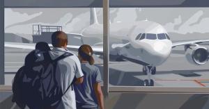 An illustration of passengers at an airport terminal looking at a parked airplane, symbolizing the future of air travel with Sustainable Aviation Fuels (SAFs).