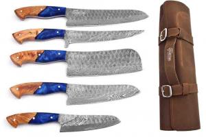 Faneema Cutlery’s Sapphire Kitchen Knife Set includes a 6.5-inch cleaver, 8-inch chef knife, 6-inch chef knife, 9-inch carving knife, and 4.5-inch paring knife.
