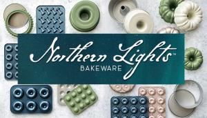 A collection of colored bakeware on a white background. A banner says "Northern Lights" across it.