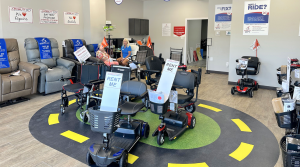 Photo of Mobility City of Coastal AL showroom with mobility equipment such as recliner  lift out chairs and test track for customers to be trained on the products