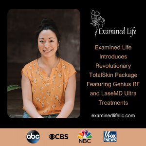 A graphic featuring Dr. Brokus, smiling and wearing a yellow blouse. The graphic includes logos of major networks ABC, CBS, NBC, and Fox News.The text on the image reads: "Examined Life Introduces Revolutionary TotalSkin Package Featuring Genius RF and La