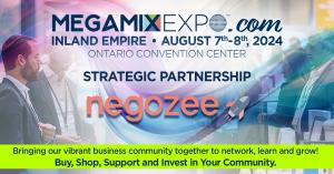 MegaMix Expo banner announcing strategic partnership with Negozee, August 7-8, 2024, at Ontario Convention Center. Promotes community networking and support.