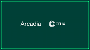 This is a solid green image with the Arcadia logo and Crux logos side by side in white font.