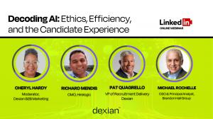 Promotional image for Dexian's AI webinar featuring the expert panelists from Dexian, HireLogic, and the Brandon Hall Group.